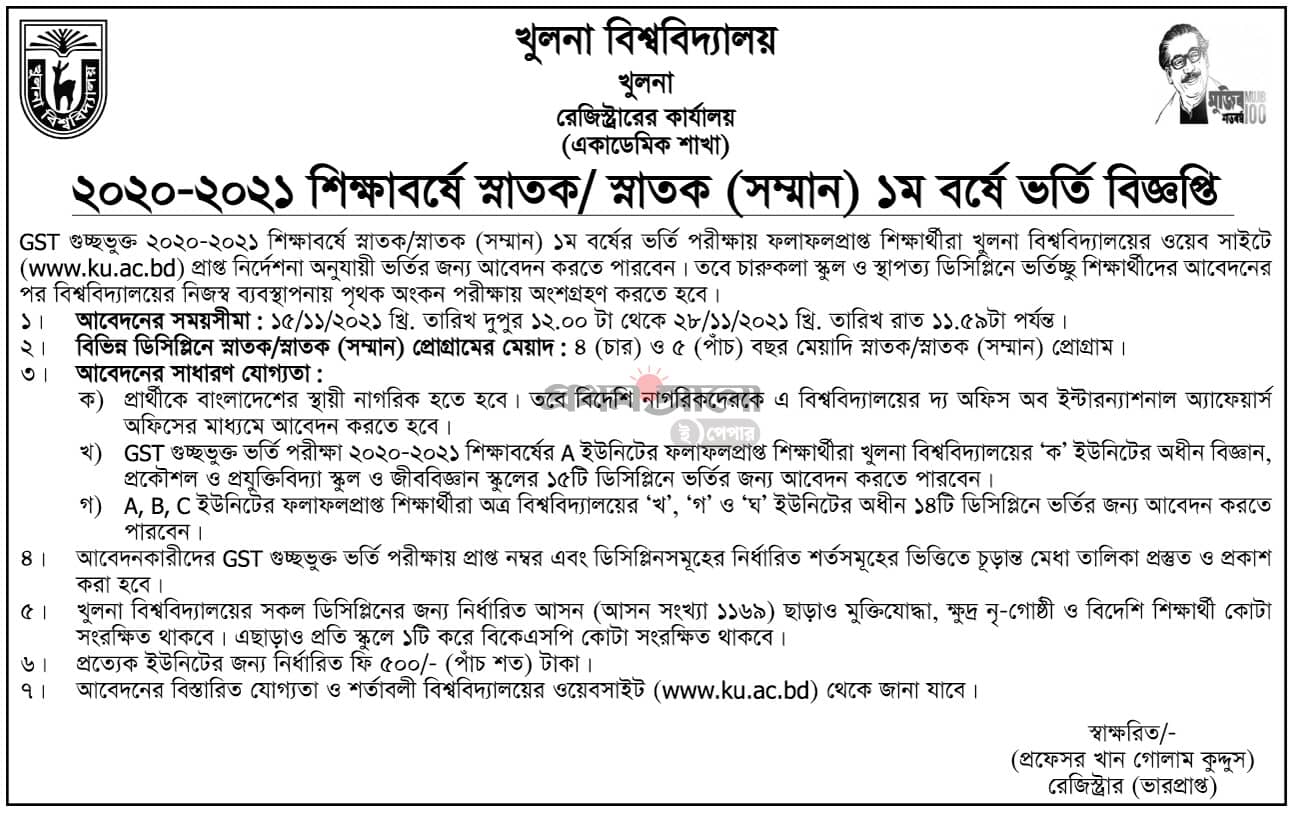 Khulna University Admission Circular for Bachelor Programs