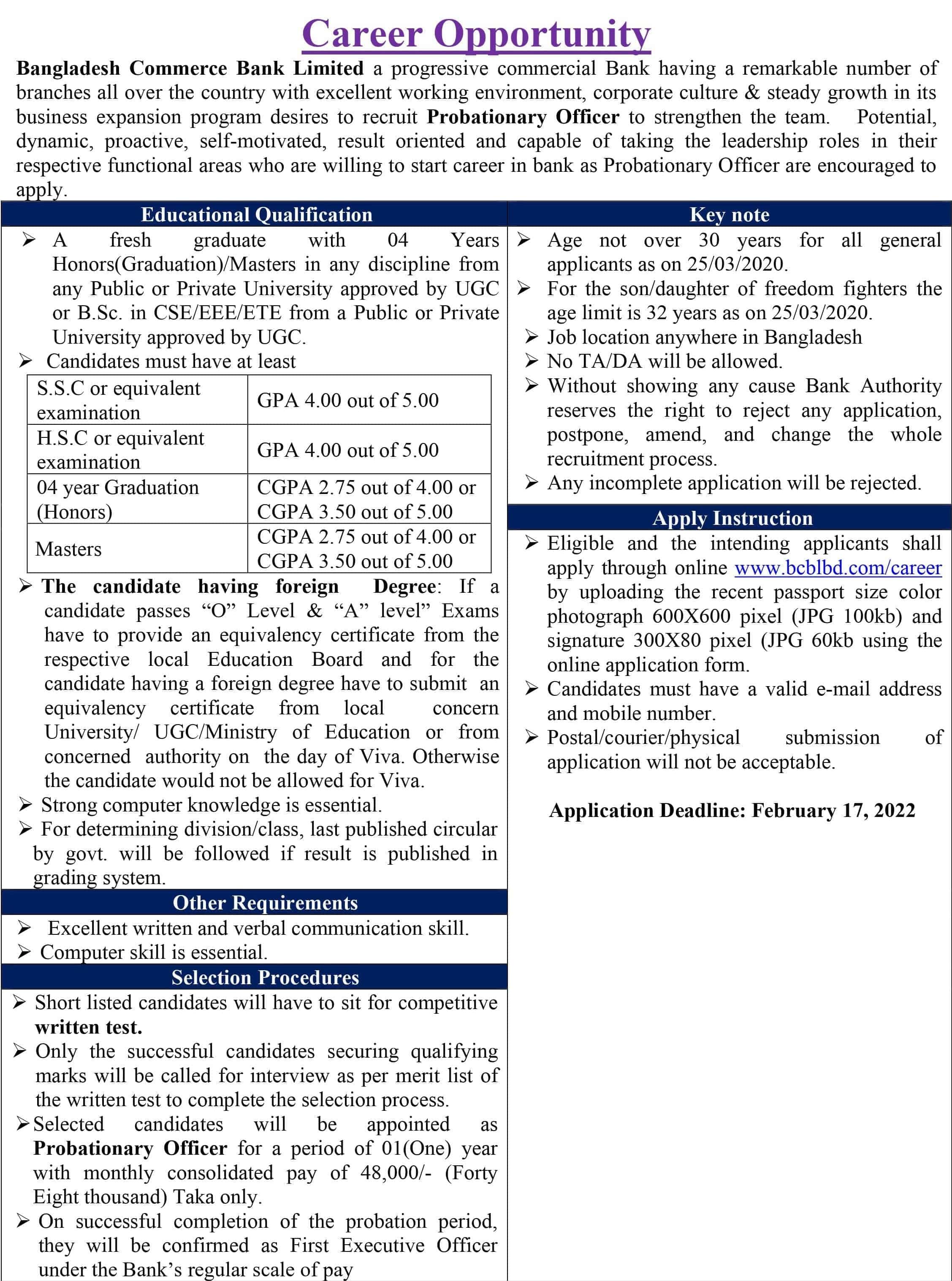 Bangladesh Commerce Bank Limited Management Trainee Program