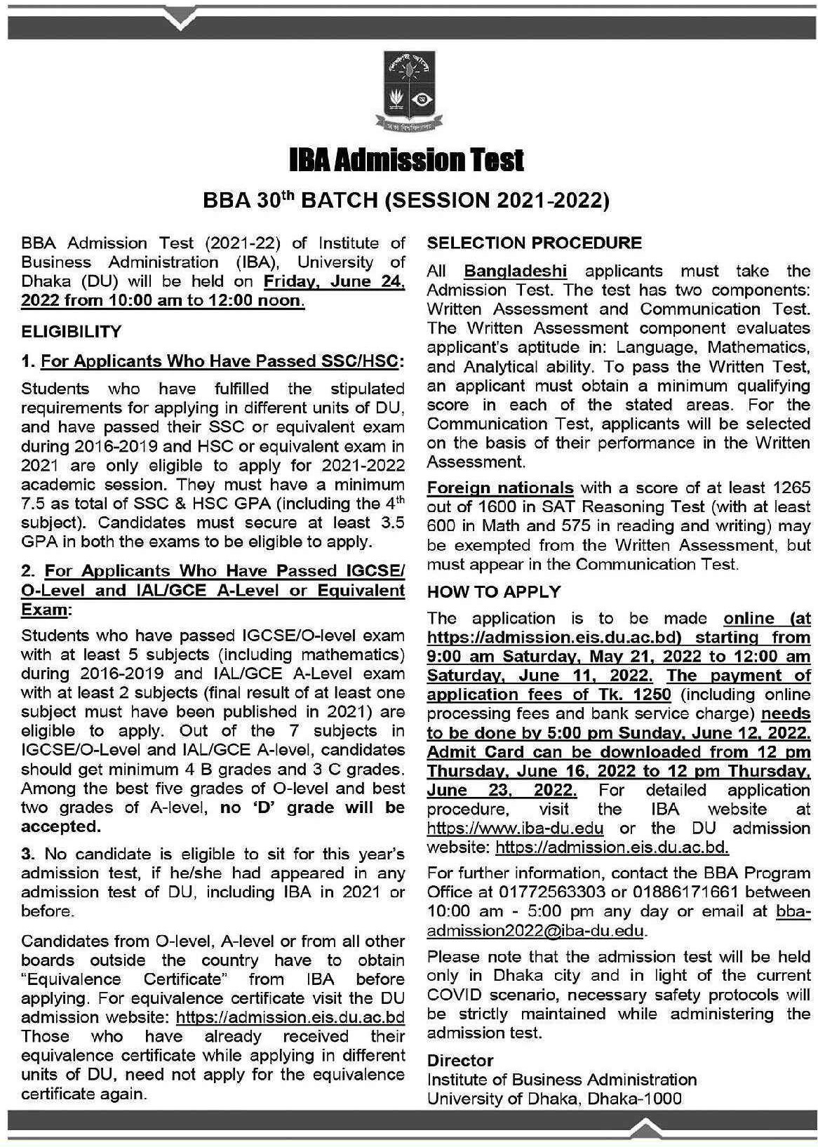 IBA DU BBA Admission Circular