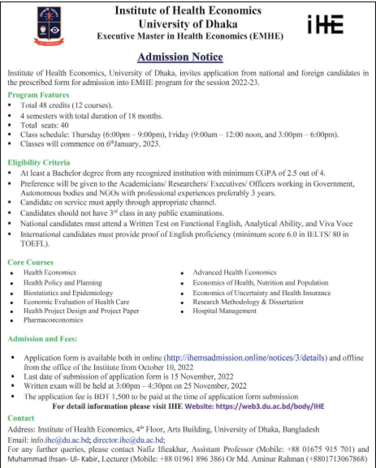 Admission Notice for Master in Health Economics 