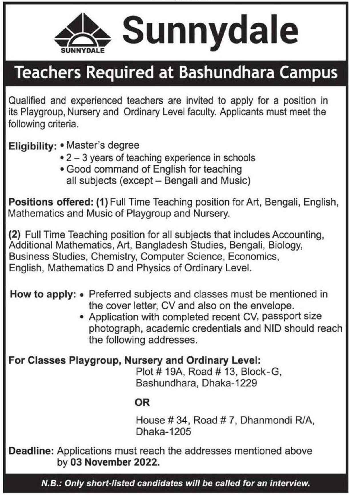 Sunnydale School Job Circular