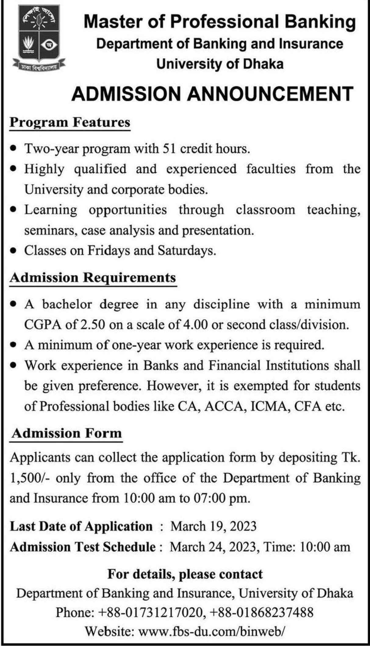 Admission Circular for Master in Banking