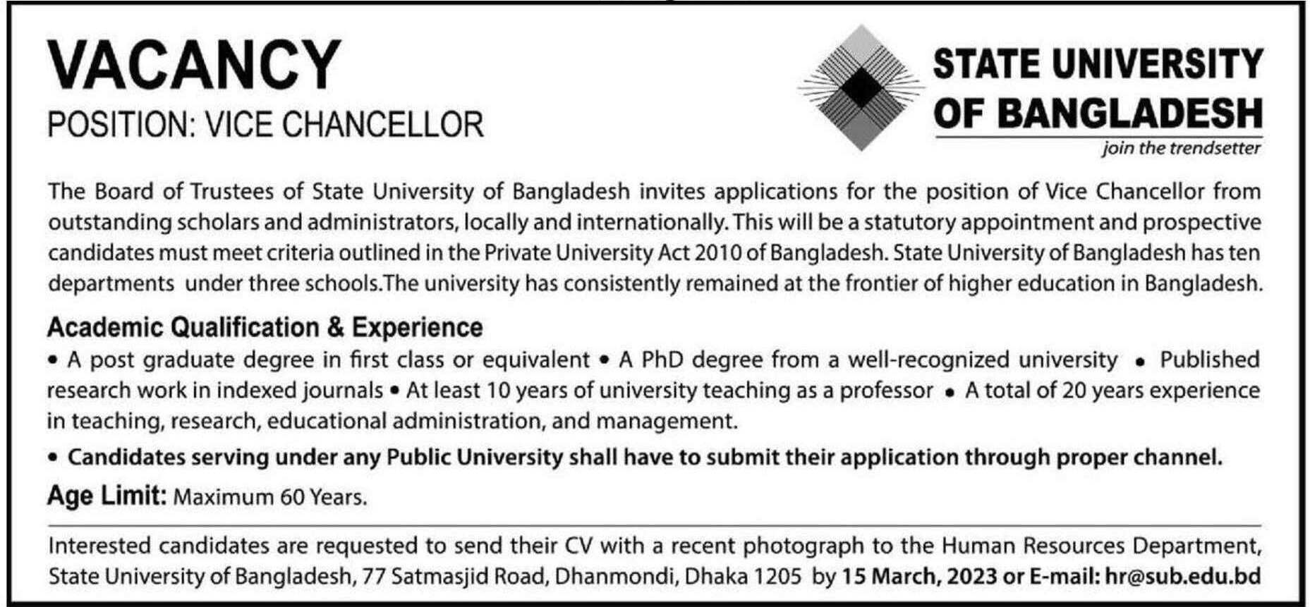 Private University job circular for State University