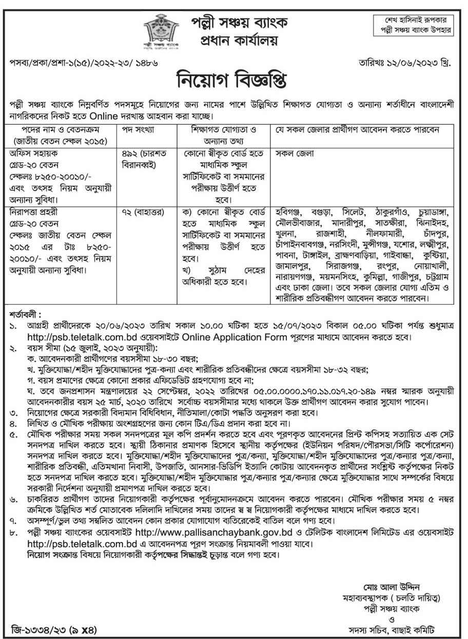 Palli Sanchay Bank Job Circular