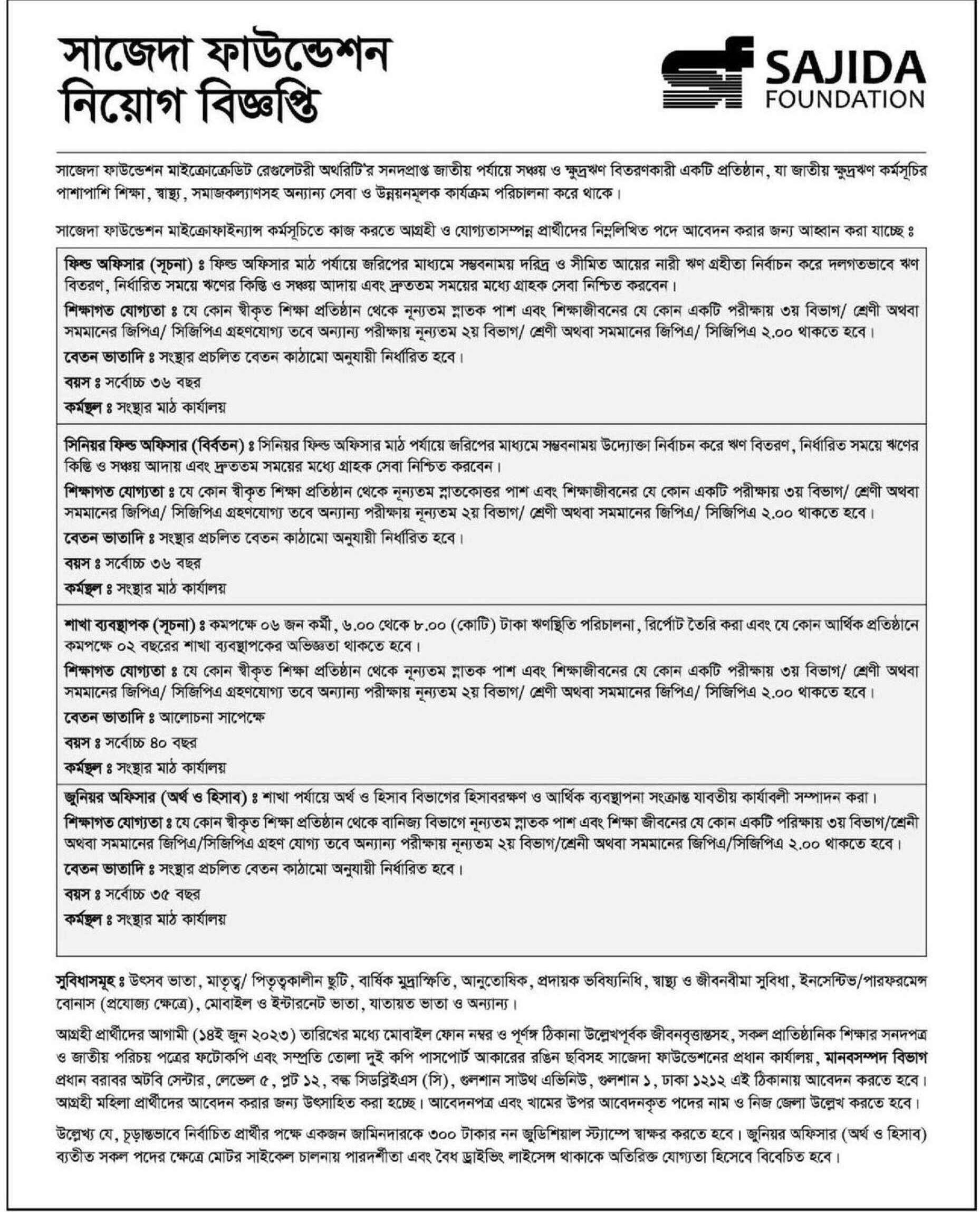 Sajida Foundation Job Circular