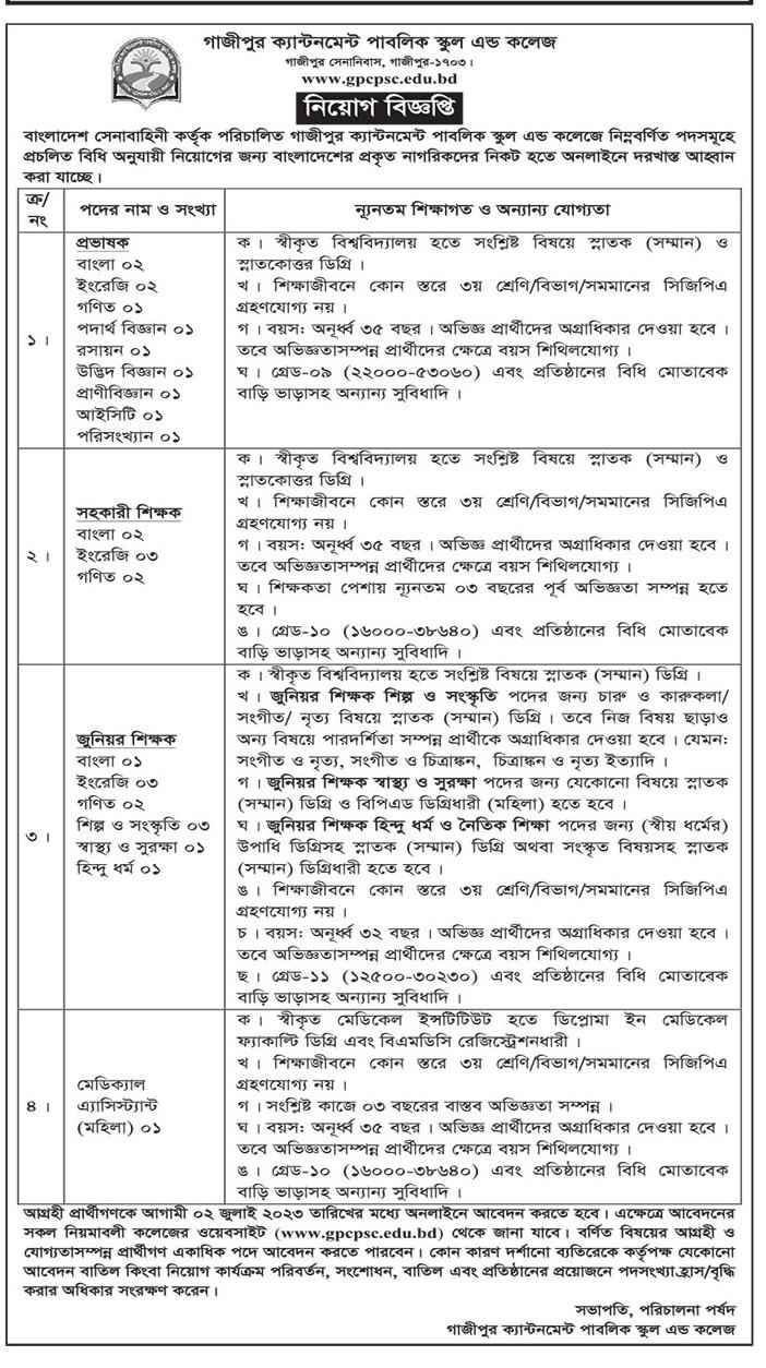 Gazipur Cantonment Public School and College Job Circular