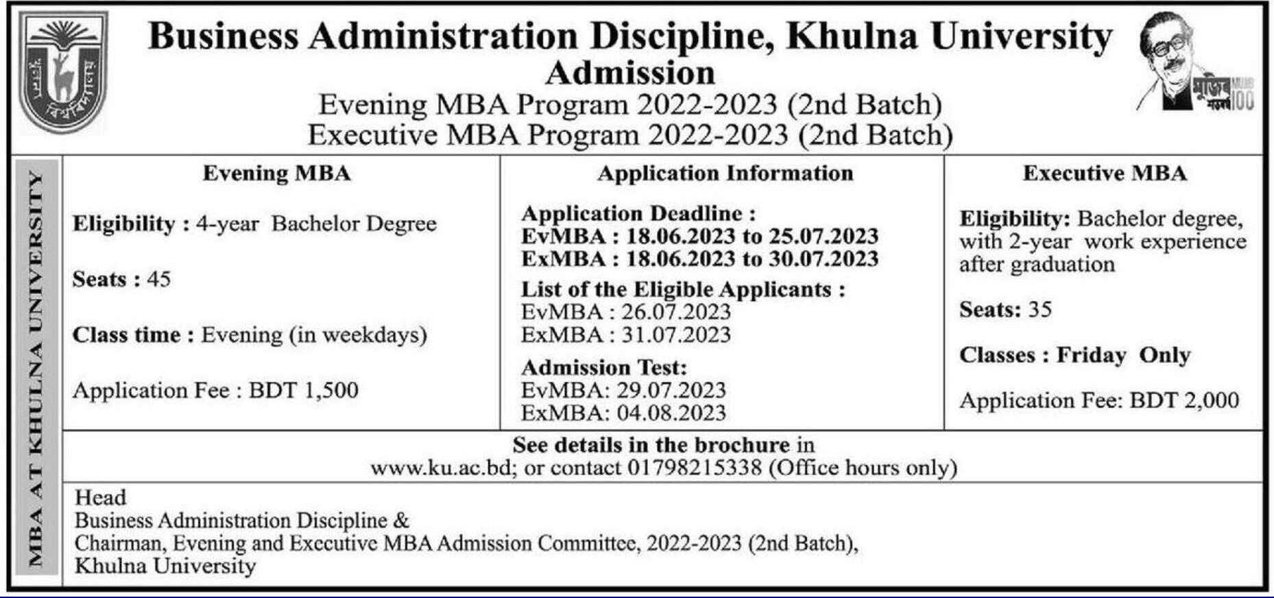 KU Admission circular for Evening and Executive MBA Program