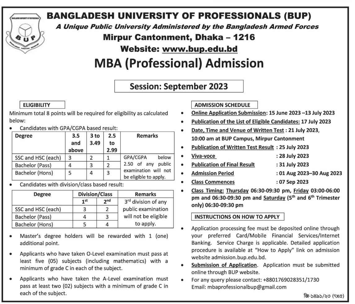 BUP MBA Admission Circular