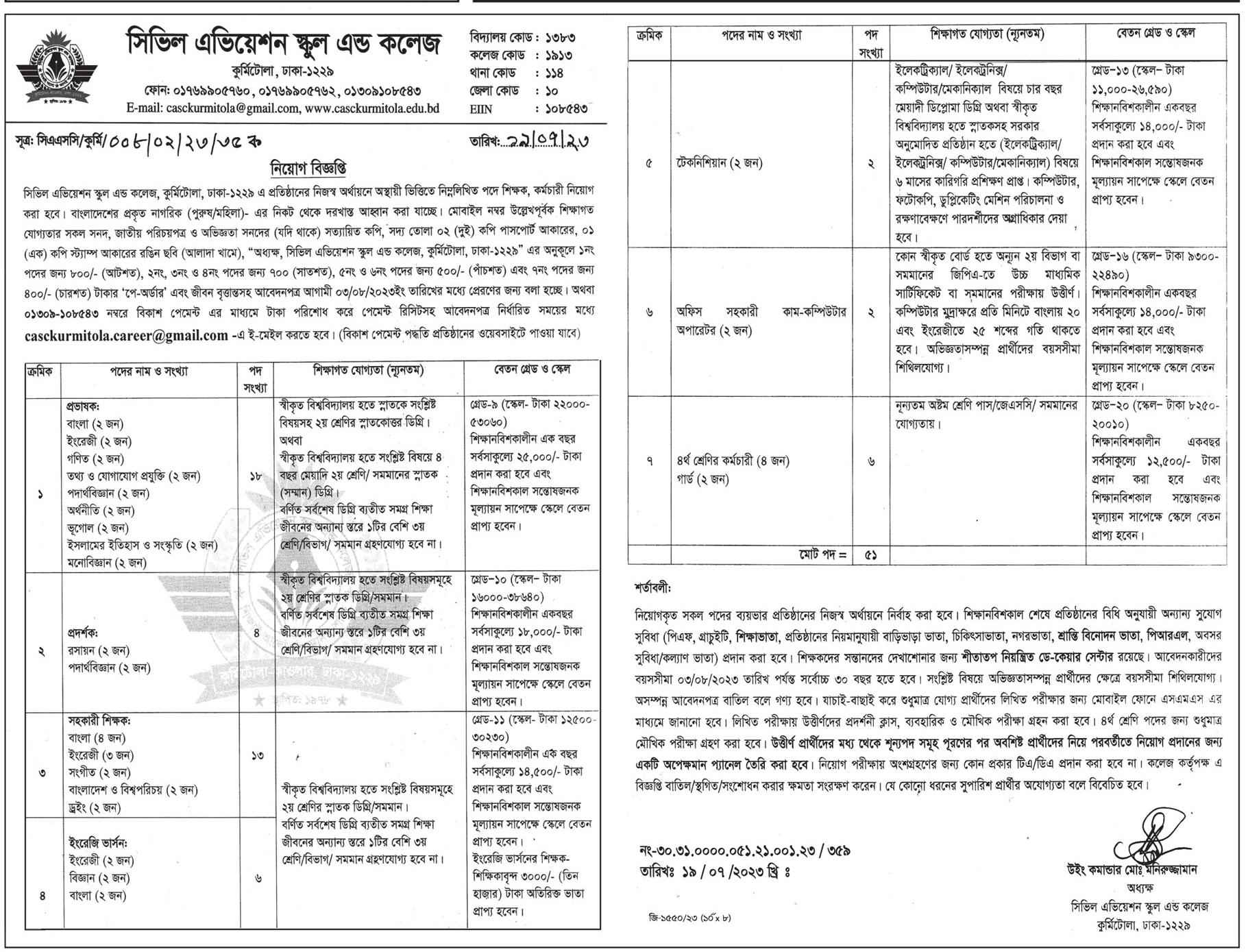 Civil Aviation School and College Job Circular