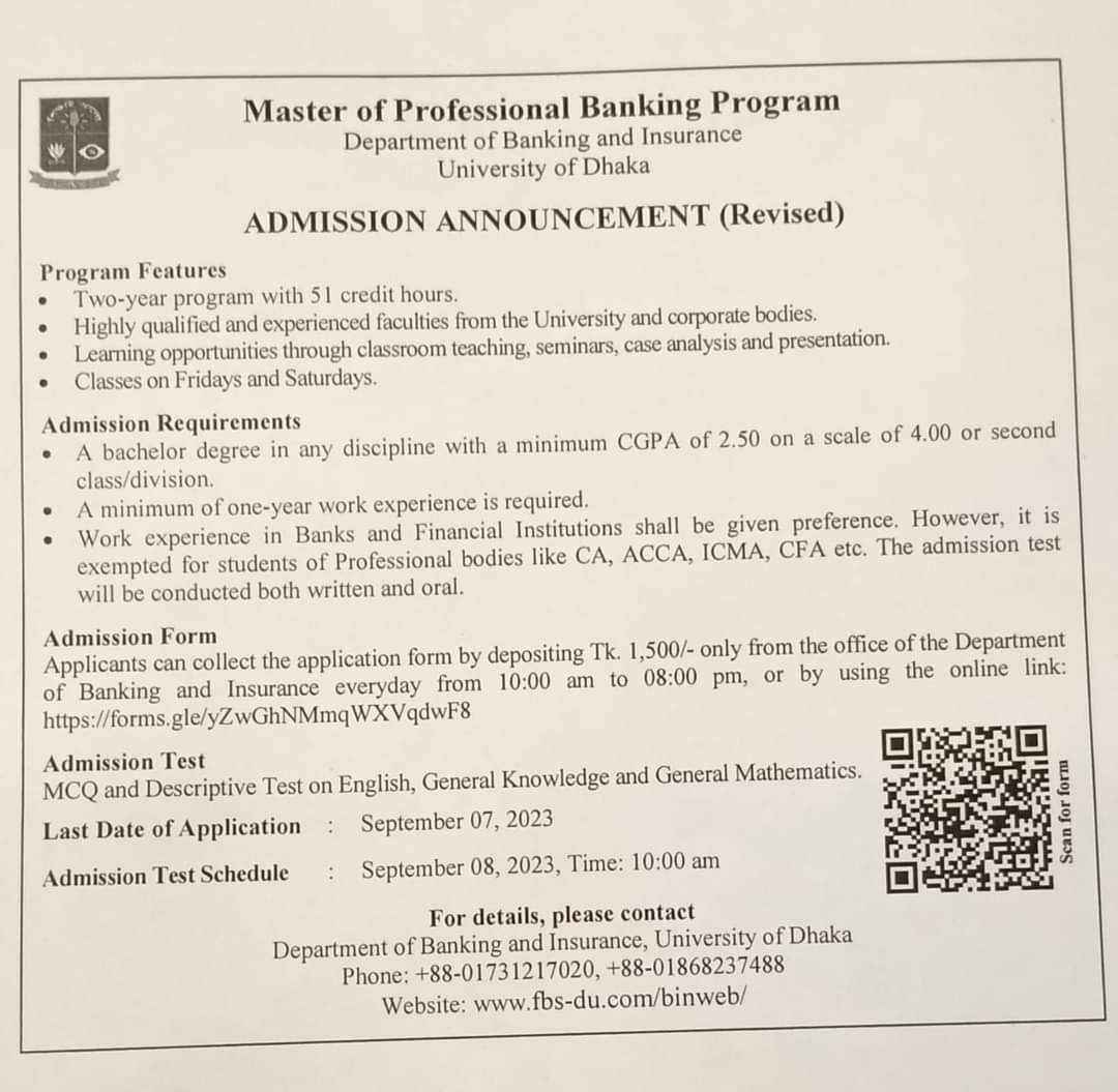 Admission Circular for Master in Banking