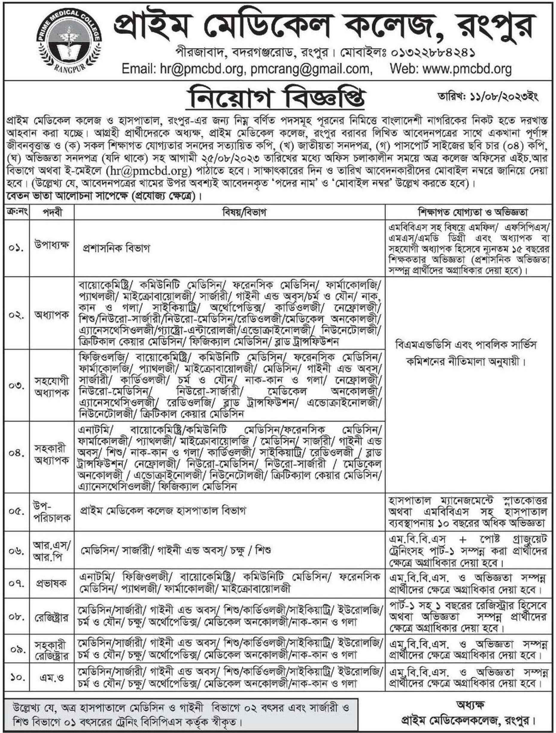 Hospital job in Prime Medical College in Rangpur