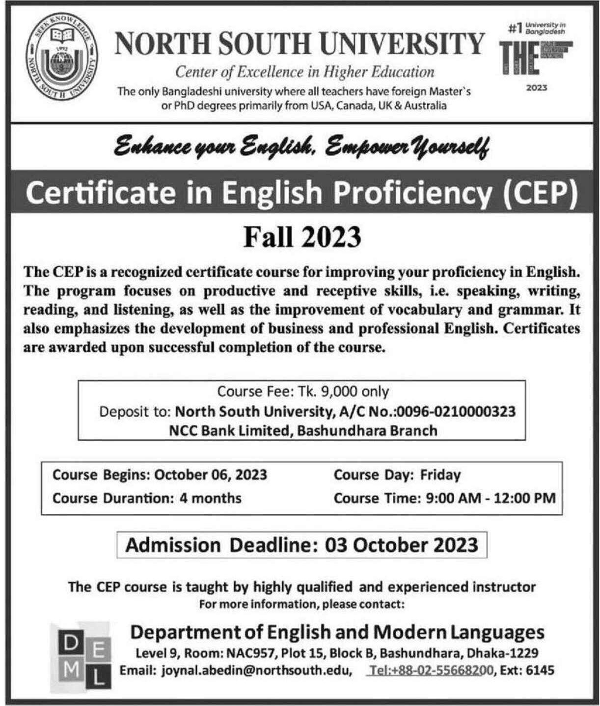 English basic course as Certificate in English Proficiency in NSU