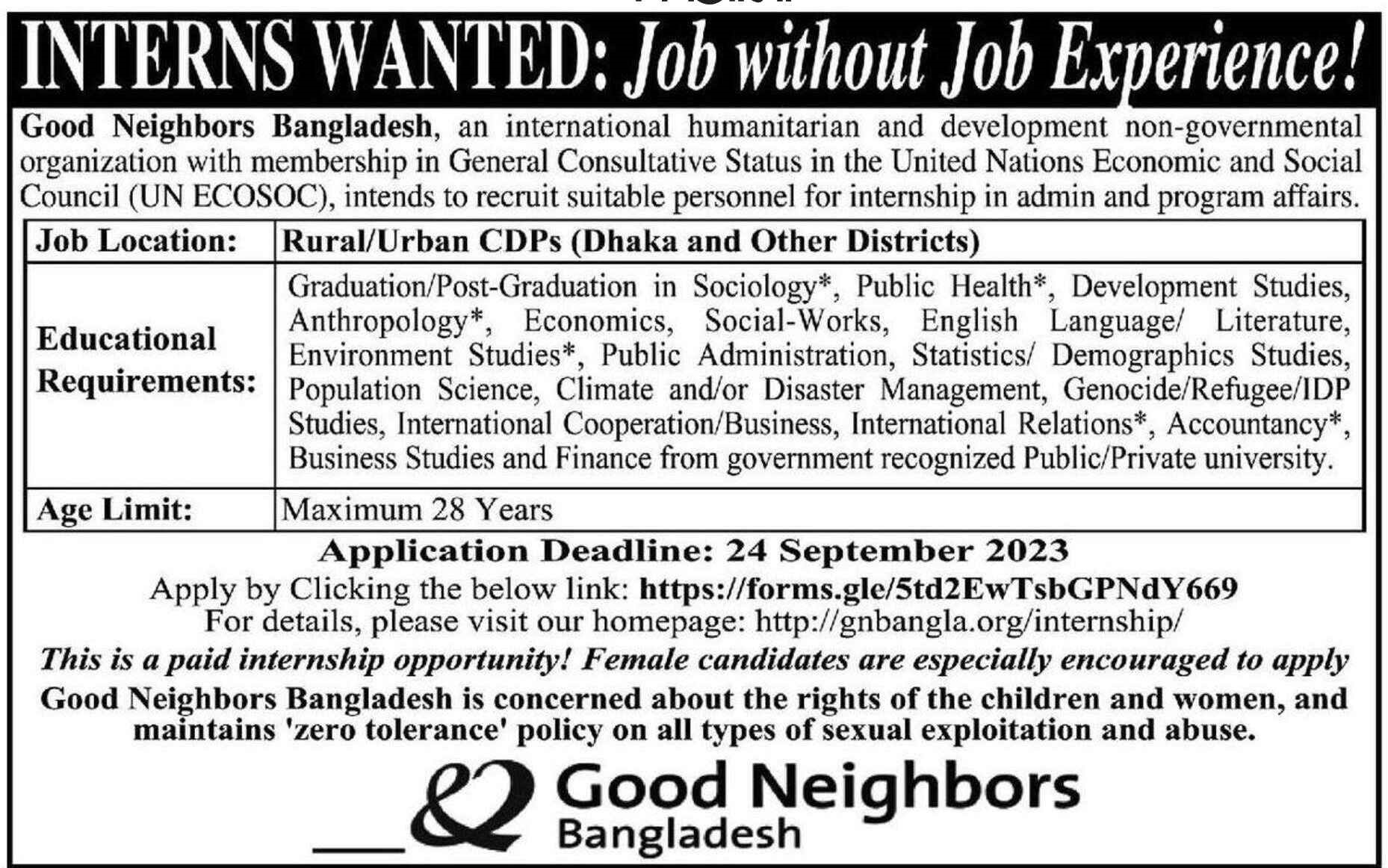 Internship in Bangladesh for Good Neighbors Bangladesh