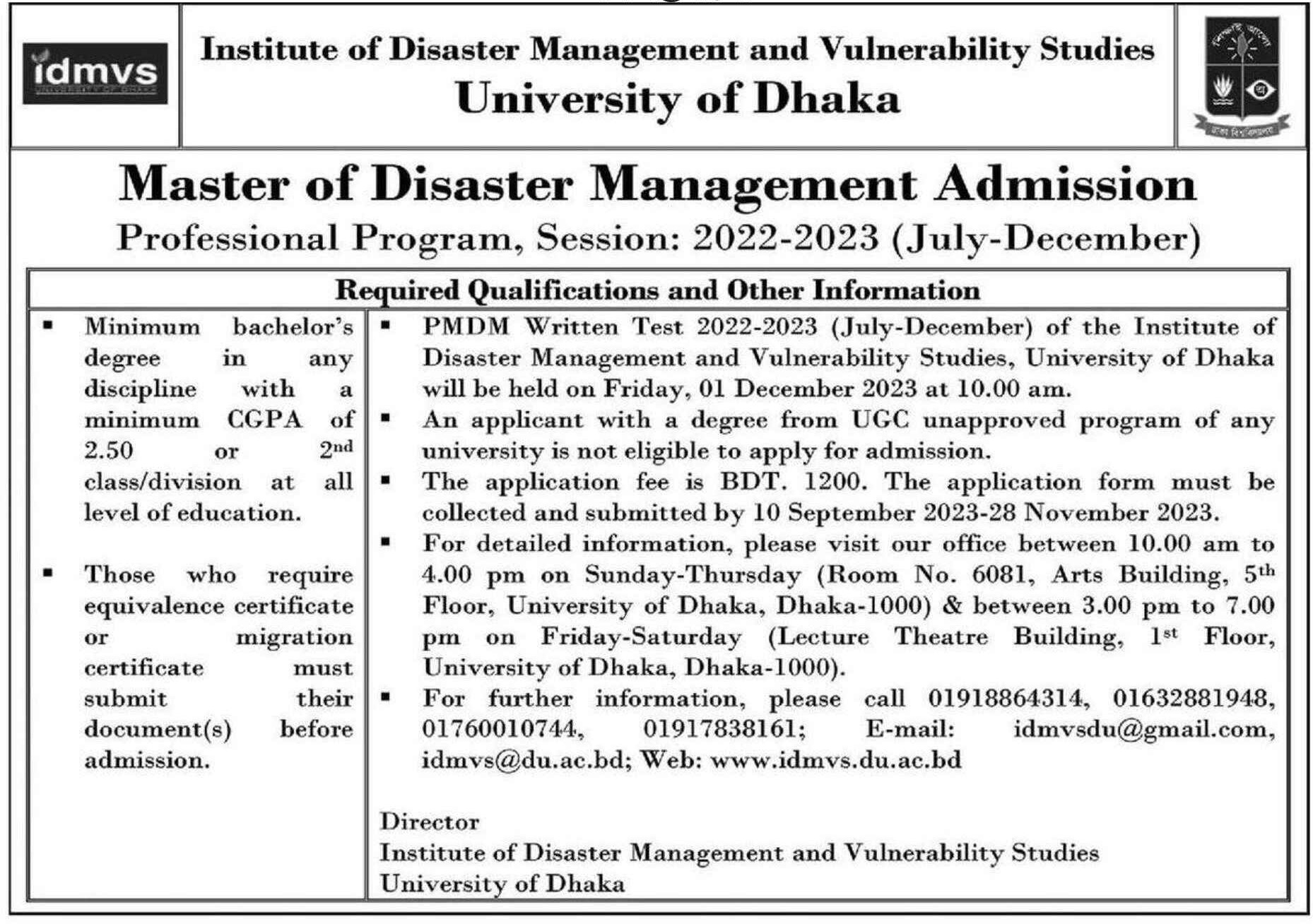 Admission on Masters in Disaster Management