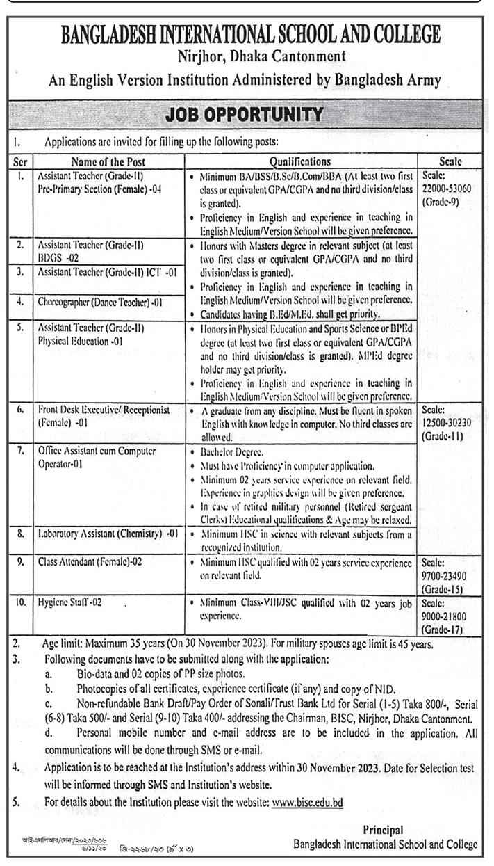 Job circular for Bangladesh International School and College