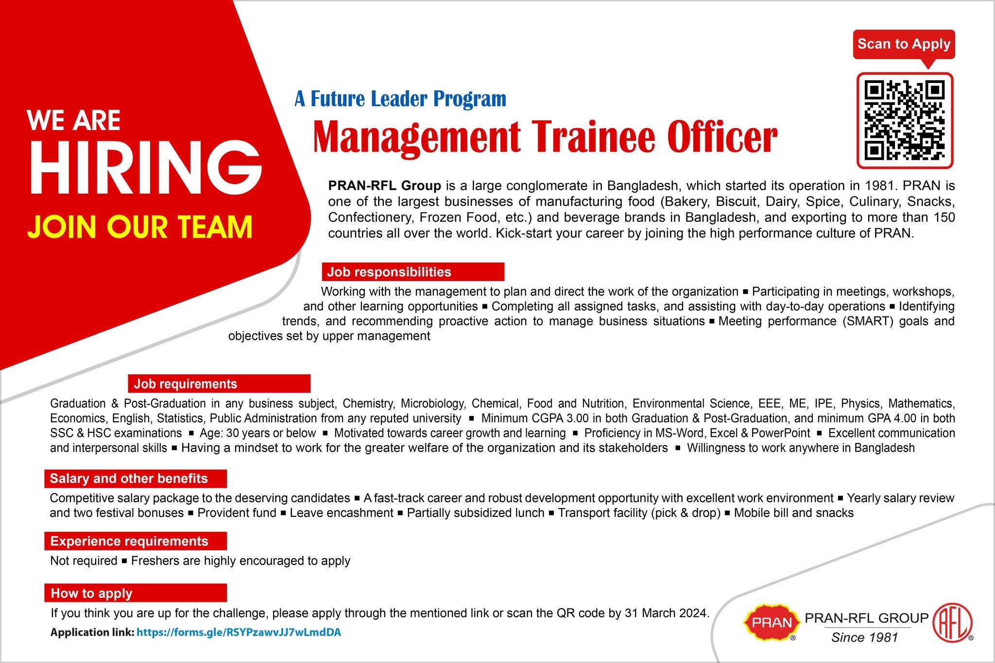 PRAN RFL MTO JOB CIRCULAR | PRAN Management Trainee Program