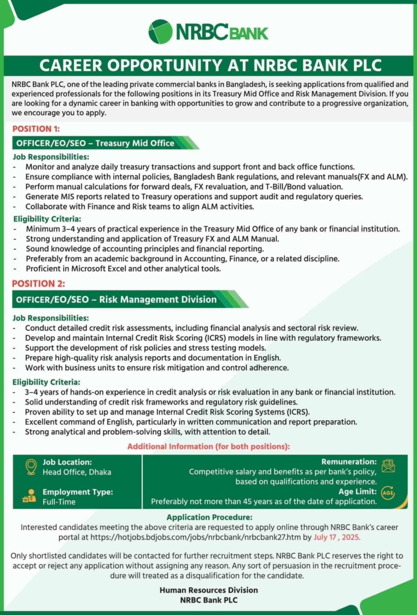 Bank Job in Bangladesh in NRBC Bank