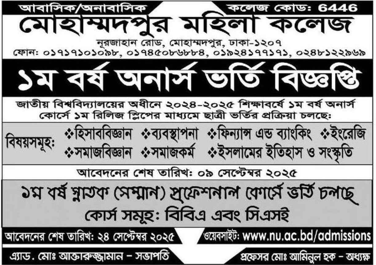Mohammadpur Mohila College Admission Circular