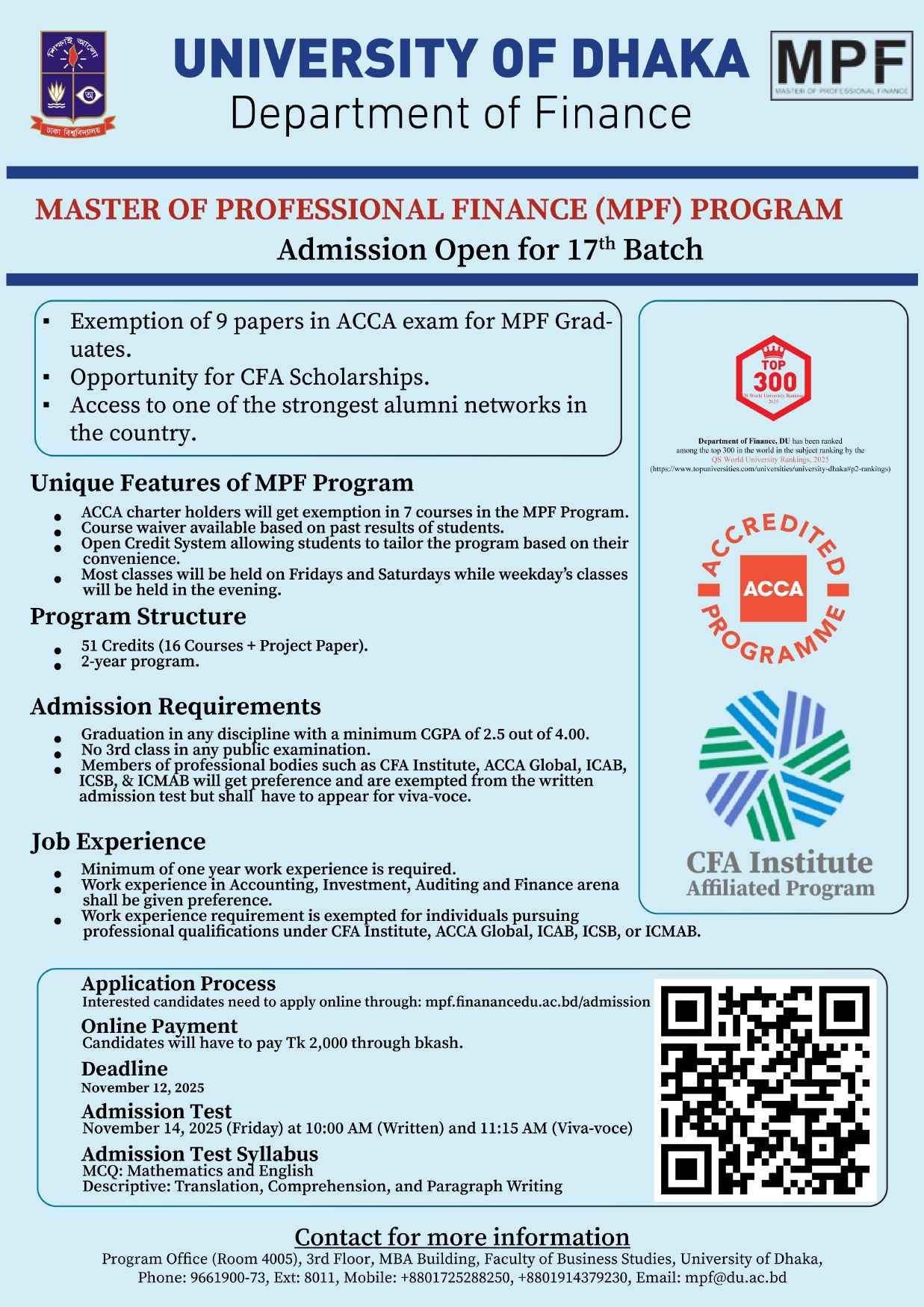Admission Circular for Admission in Master of Finance