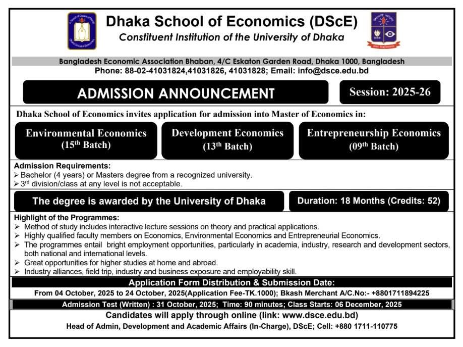 Dhaka School of Economics Admission for Master of Entrepreneurship Economics