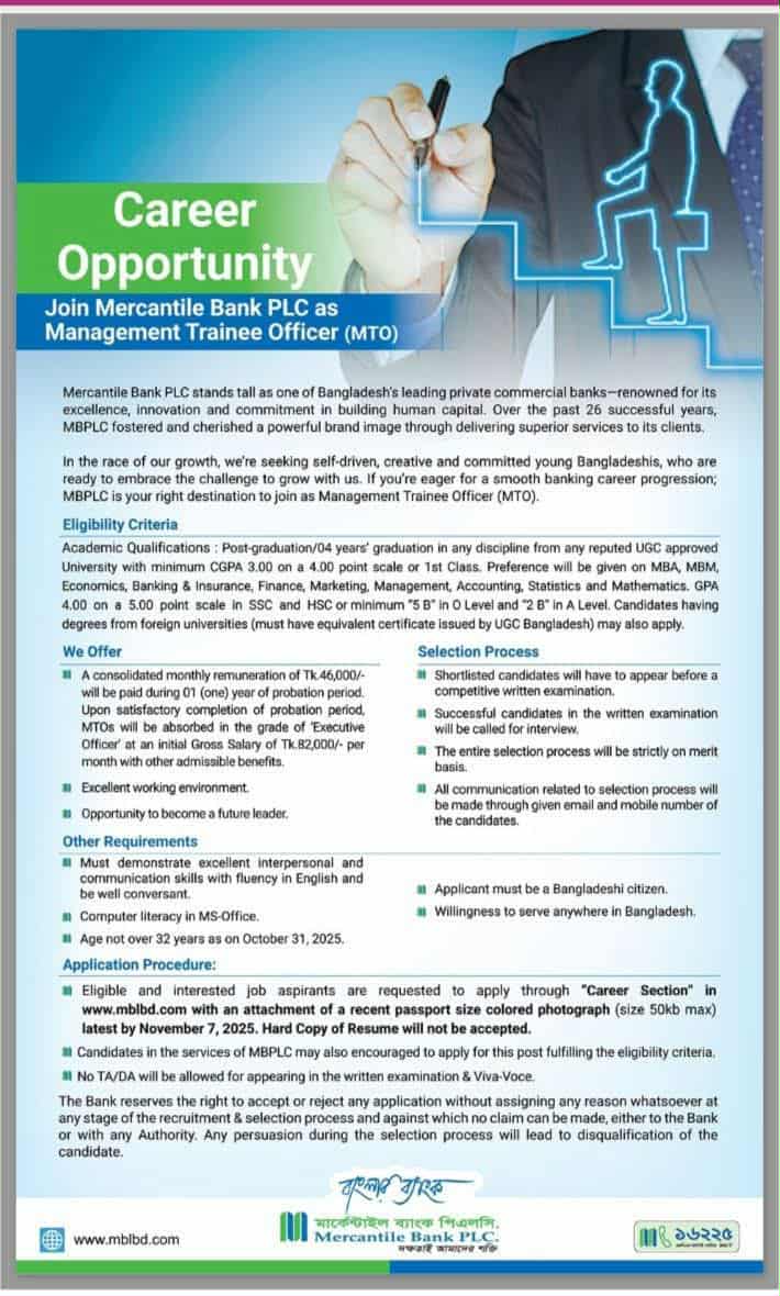 Mercantile Bank MTO Job Circular | MBL MTO Job Circular