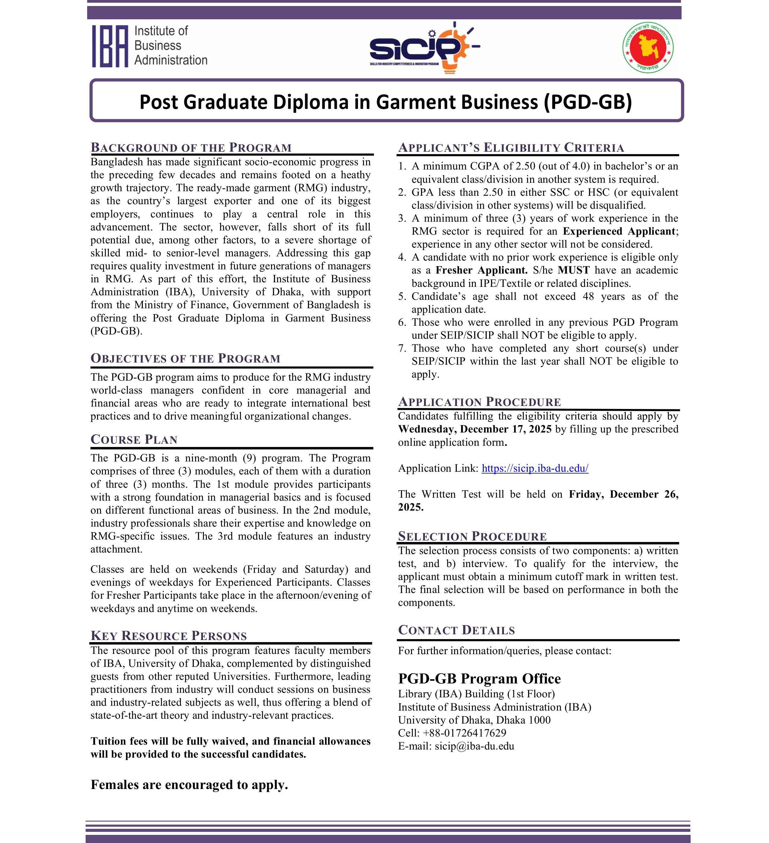 Free Post Graduate Diploma in Garment Business