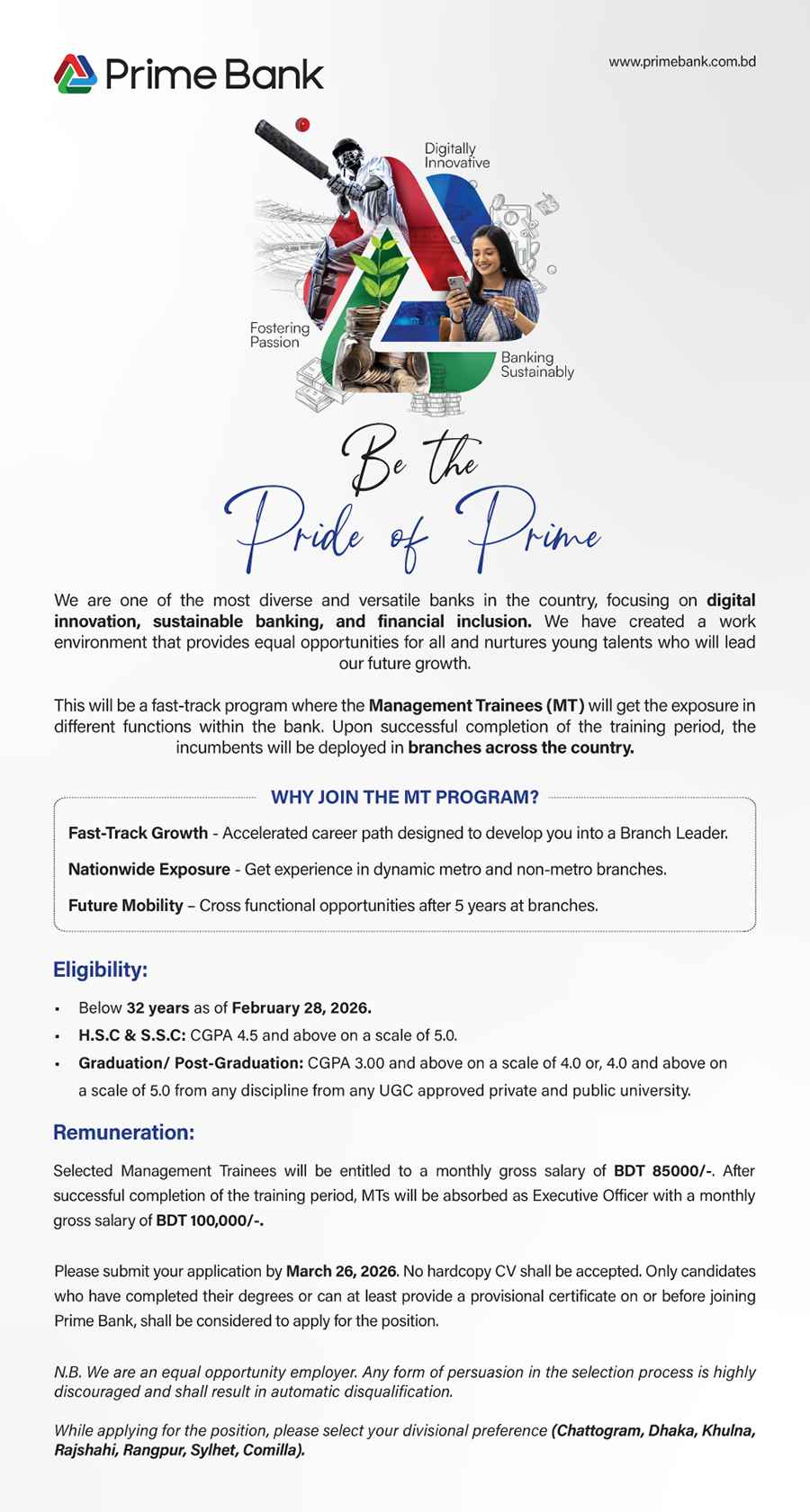 Prime Bank Management Trainee Program