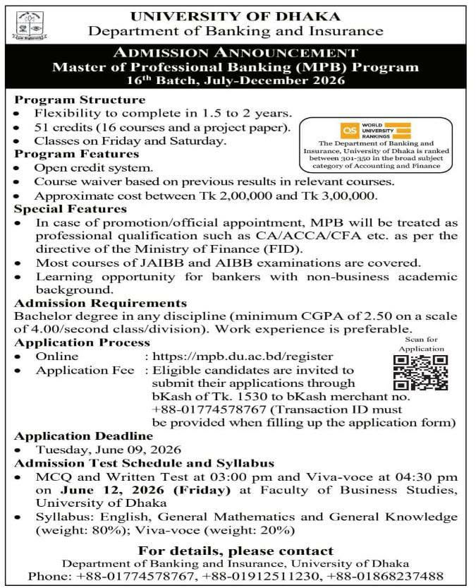 Admission Circular for Master in Banking